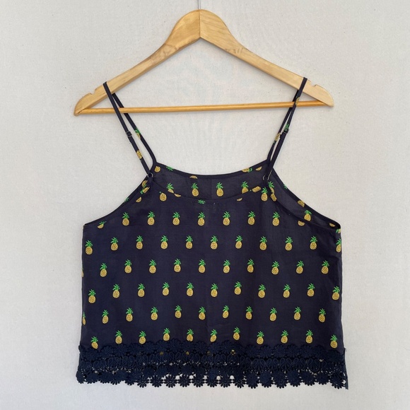 MO:VINT Size Large Blue Pineapple Print Spaghetti Strap Tank Top 100% Cotton - Picture 2 of 6